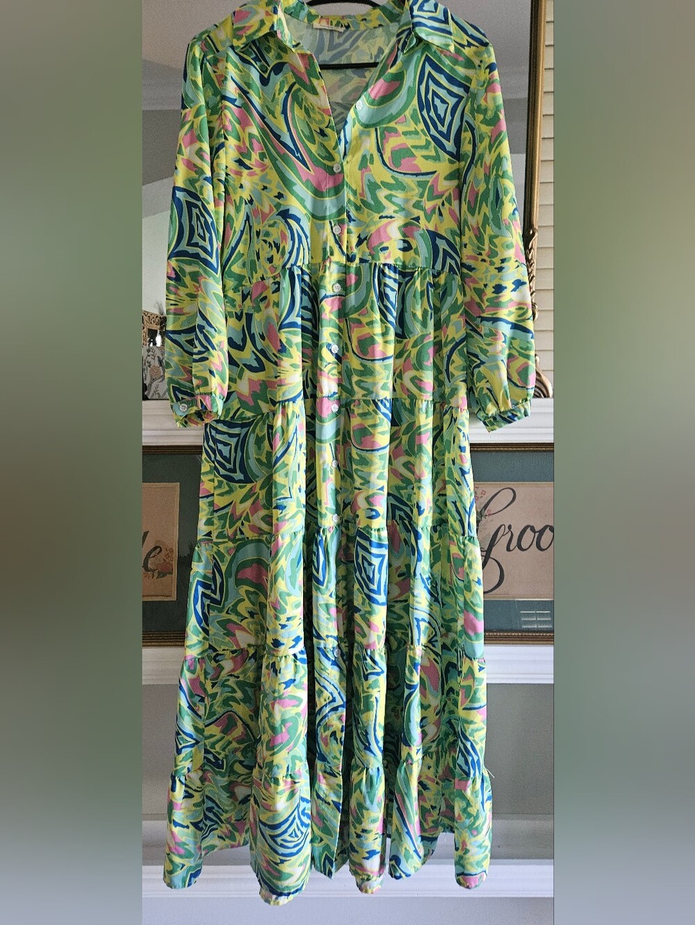 SundayUp Colorful Abstract Print Tiered Maxi Shirt Dress Small